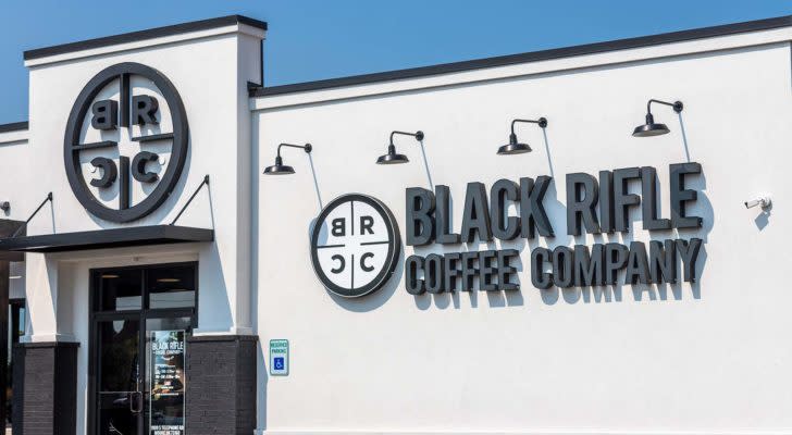 An exterior of a Black Rifle Coffee Company (SBEA) store.