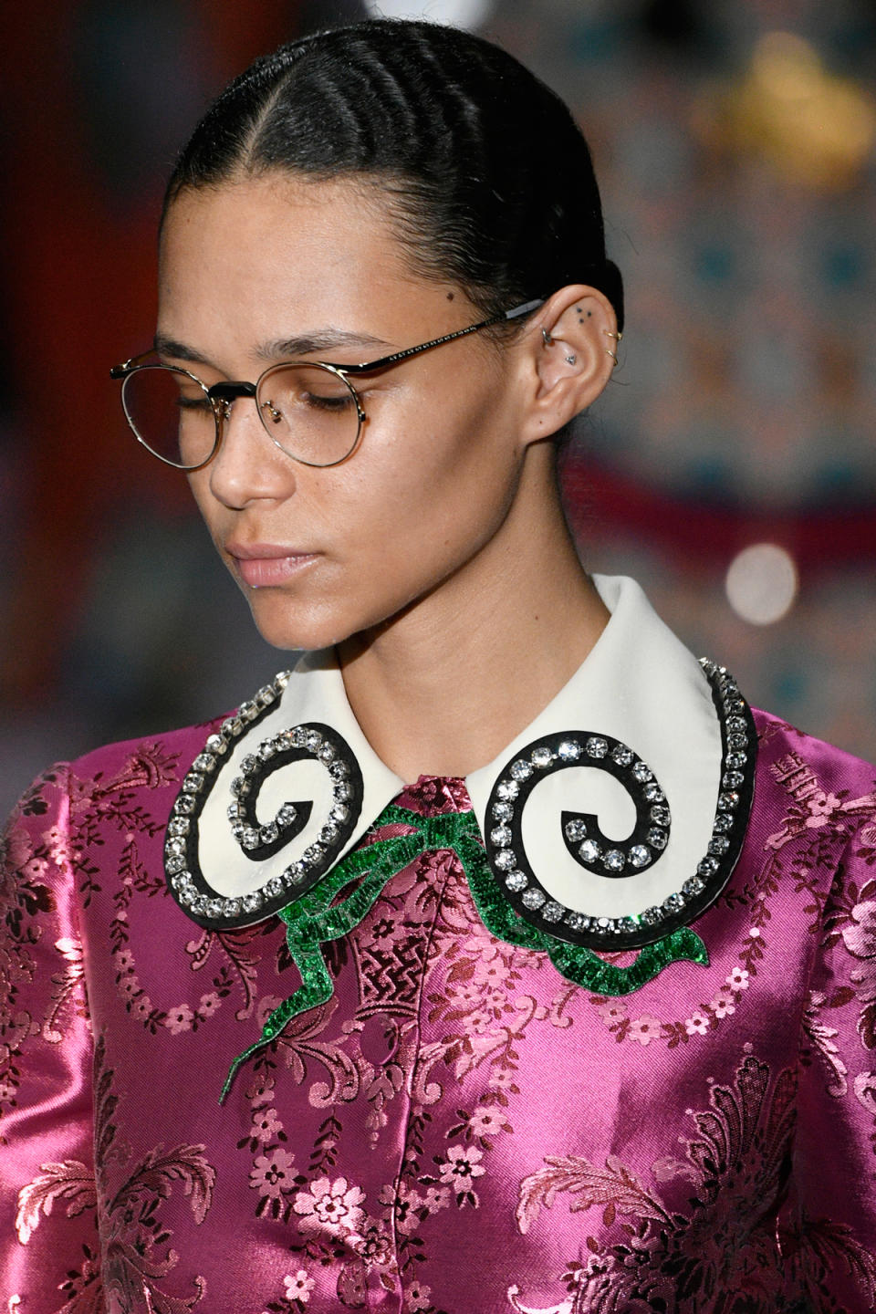 <p>Slightly round frames, as seen at <span>Gucci</span>, adds a bit of fullness to your face it your have a smaller silhouette. It's feminine and the fun shape is so playful.</p><p>Buy it <a rel="nofollow noopener" href="https://click.linksynergy.com/fs-bin/click?id=93xLBvPhAeE&subid=0&offerid=390098.1&type=10&tmpid=8158&RD_PARM1=https%253A%252F%252Fshop.nordstrom.com%252Fs%252Fderek-lam-47mm-optical-glasses%252F4728925&u1=IS%2CFAS%2CGAL%2CTryTheseOpticalEyewearTrendsStraightfromtheRunway%2Clwilliams0264%2C201801%2CT" target="_blank" data-ylk="slk:here;elm:context_link;itc:0;sec:content-canvas" class="link ">here</a> for $450.</p>