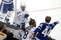 Toronto Maple Leafs center Auston Matthews (34) celebrates after his goal against Boston Bruins goaltender Linus Ullmark during the third period of Game 2 of an NHL hockey Stanley Cup first-round playoff series, Monday, April 22, 2024, in Boston. (AP Photo/Charles Krupa)