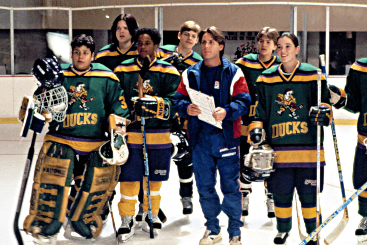 Emilio Estevez as the coach of a Pee-Wee ice hockey team in 'The Mighty Ducks'. (Credit: Disney)