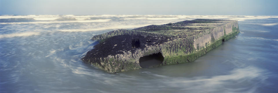 A concrete bunker is covered by the rising tide along a stretch of coastline that was known as 'Utah Beach' during the June 6, 1944 D-Day Beach landings on May 15, 2019 in Audouville-la-Hubert, on the Normandy coast, France. (Photo: Dan Kitwood/Getty Images)