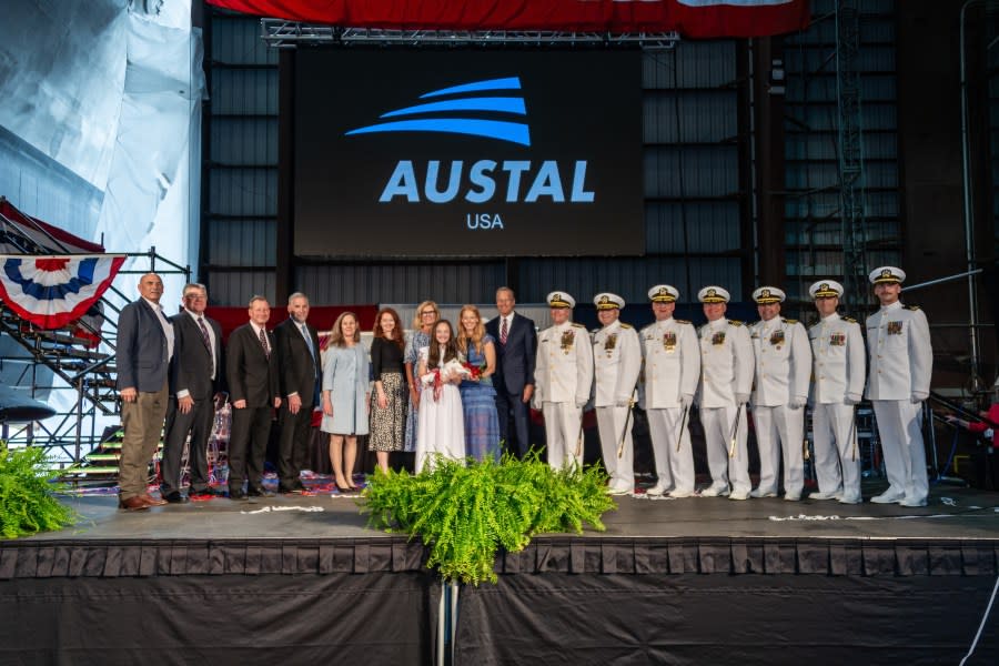 Platform participants for Pierre (LCS 38) christening ceremony held on May 18, 2024 (Photo courtesy Austal USA)