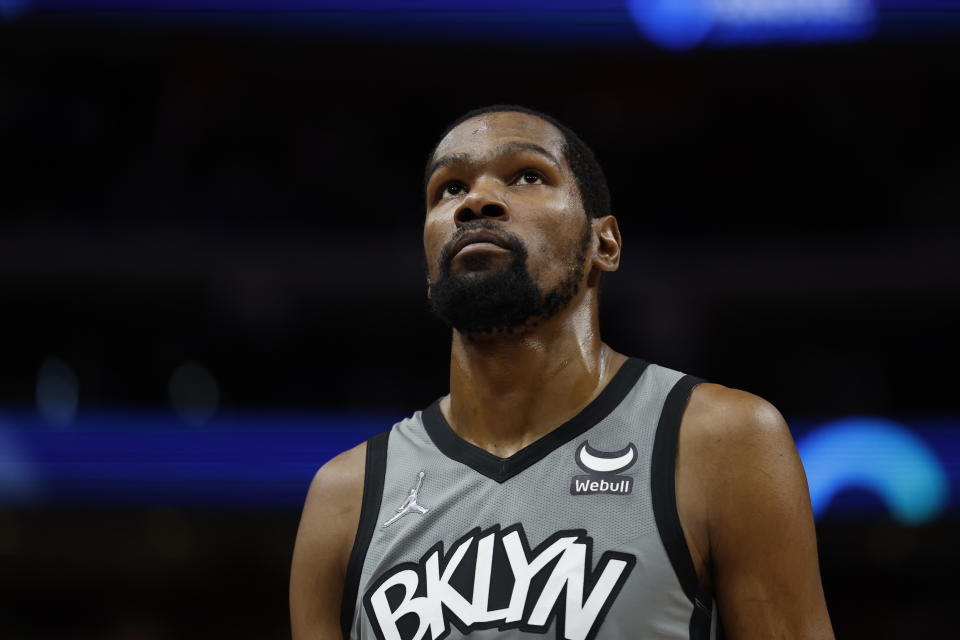 Dec 12, 2021; Detroit, Michigan, USA; Brooklyn Nets forward Kevin Durant (7) looks up during the first half against the Detroit Pistons at Little Caesars Arena. Mandatory Credit: Rick Osentoski-USA TODAY Sports