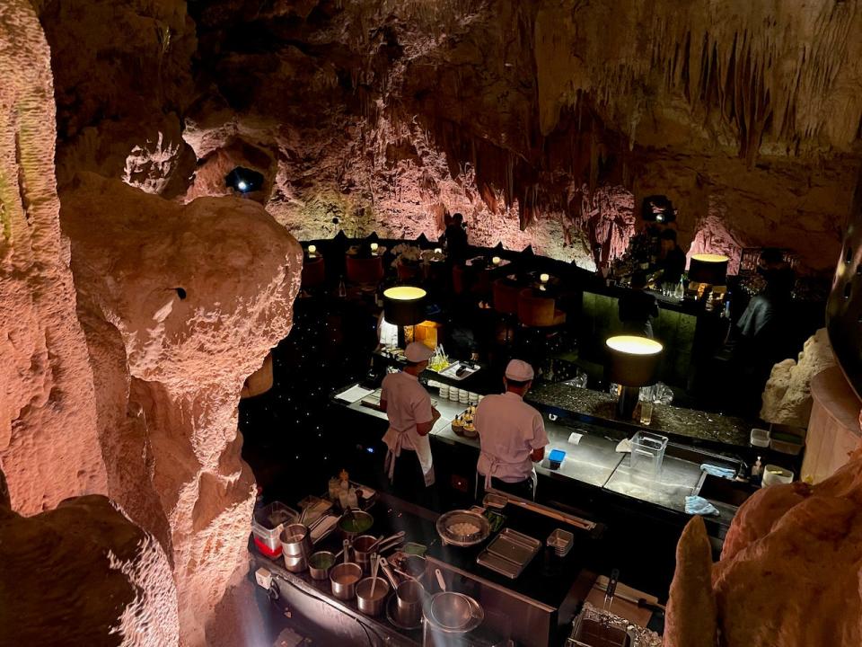 A bird's eye view of the kitchen in the cave.