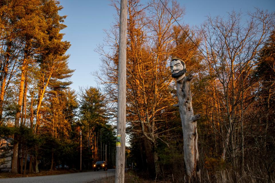 The head of Paul Bunyan is seen on Birch Hill Road in York, Maine on April 26, 2021.
