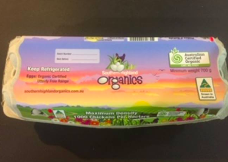 A 12 pack of Southern Highland Organic eggs. Source: NSW Health Authority