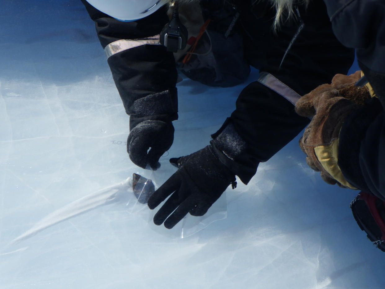 Collecting a meteorite on the Nansen blue ice area, close to the Belgian Antarctic research station Princess Elisabeth. (BELARE 2019-2020 meteorite recovery expedition)