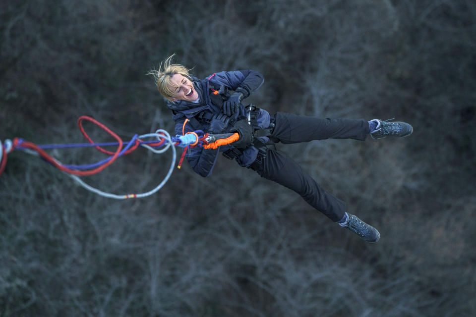 Gabby Logan completes her bridge jump. (Hungry Bear Media)