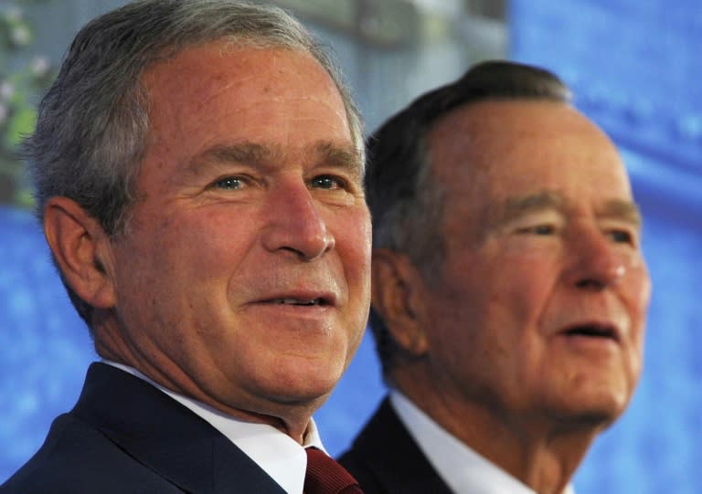 George W. Bush (L) spent eight years in the White House, after his father (R) served one term