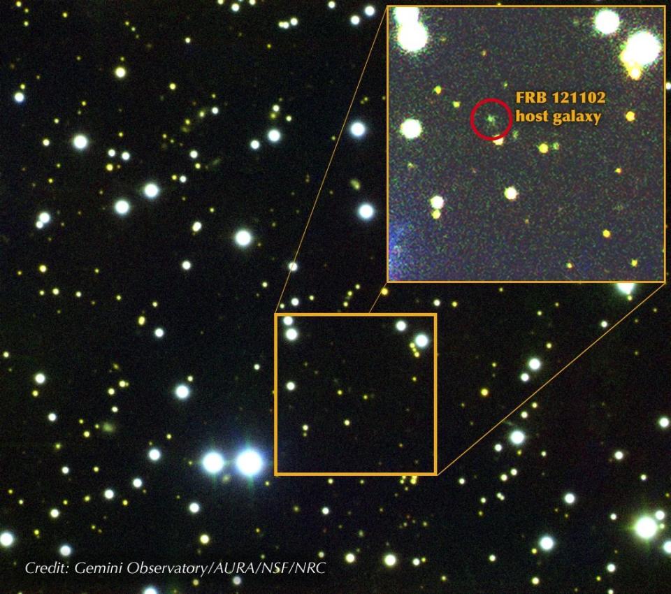 Mysterious radio bursts were detected from a dwarf galaxy 3 billion light years away.&nbsp; (Photo: Gemini Observatory/AURA/NSF/NRC)