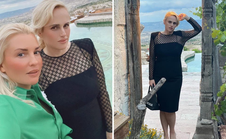 L: Ramona Agruma in a green top and Rebel Wilson in a black dress take a selfie in Turkey. R: Rebel Wilson poses in a black dress with mesh details while on holiday in Turkey