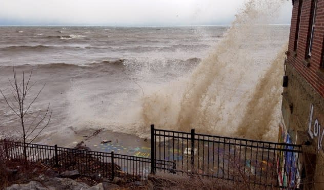 Seiche waves strike a shoreline structure in Buffalo, New York, in April 2018. (NYSDEC)