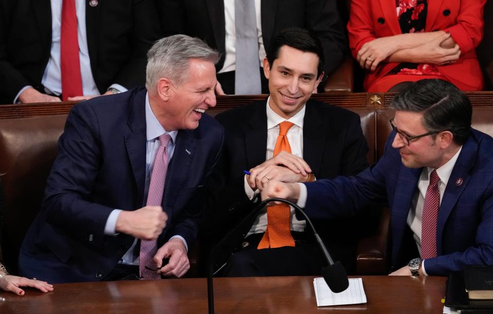 Kevin McCarthy (D-Calif.) reacts during the vote count for speaker of the House. The House of Representatives reconvened on Friday, Jan. 6, 2023, trying to elect a speaker of the House.