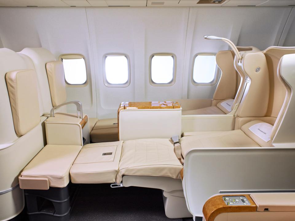 A flat seat on a Boeing 757.