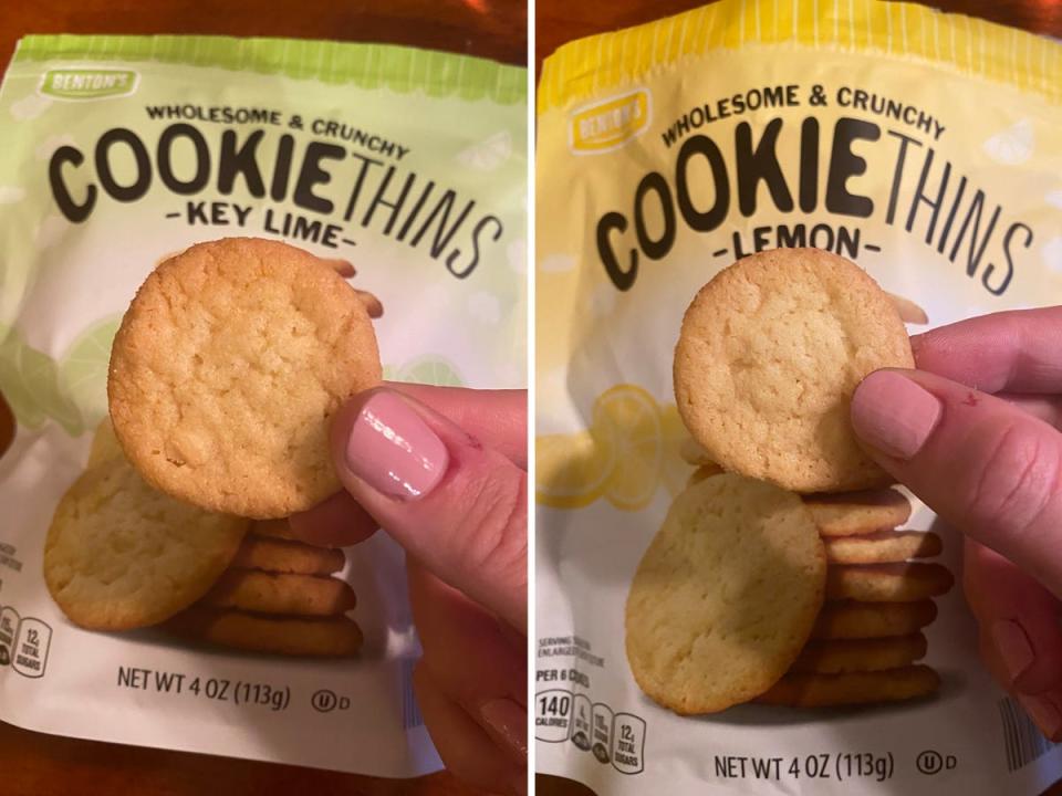 hand holding key lime cookie thin in front of pack (left) land holding lemon cookie thin in front of pack (right)