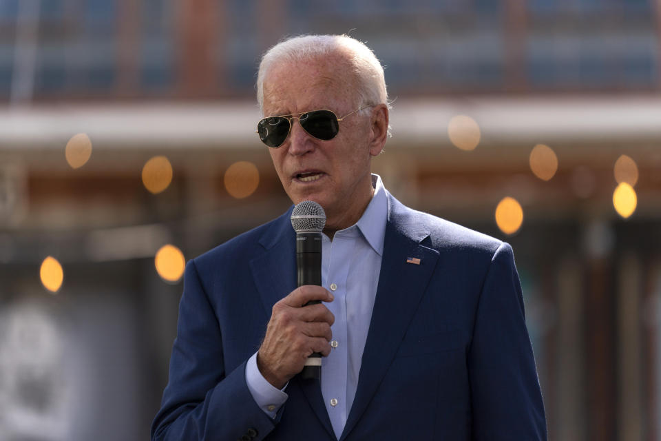 Democratic presidential candidate former Vice President Joe Biden speaks during a Biden for President Black economic summit at Camp North End in Charlotte, N.C., Wednesday, Sept. 23, 2020. (AP Photo/Carolyn Kaster)