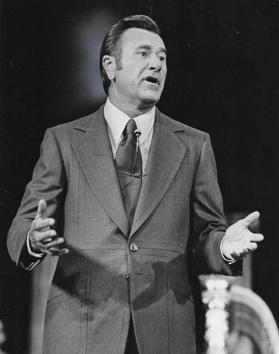 Oral Roberts preaches at the Cathedral of Tomorrow in August 1973 at the request of fellow televangelist Rex Humbard.