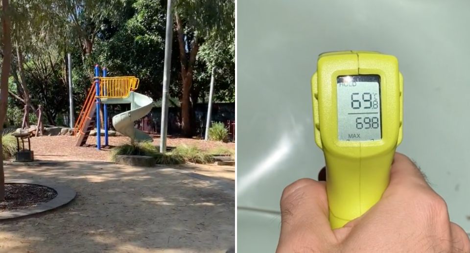 Left image shows a playground sitting in the sun. Right image shows the surface thermometer reader showing the slide is 70 degrees. 