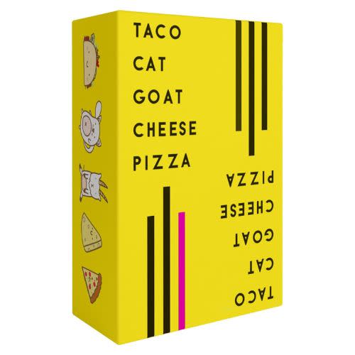 yellow board game for adults with photo of taco, cat, goat, pizza and chees