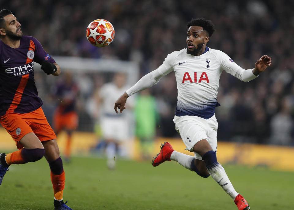 Manchester City's Riyad Mahrez, left, challenges for the ball with Tottenham's Danny Rose during the Champions League, round of 8, first-leg soccer match between Tottenham Hotspur and Manchester City at the Tottenham Hotspur stadium in London, Tuesday, April 9, 2019. (AP Photo/Frank Augstein)