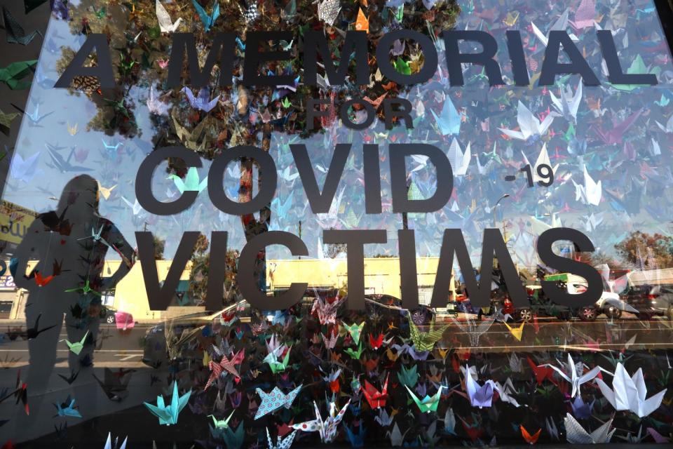 A memorial for COVID-19 victims is seen at a Los Angeles art studio.