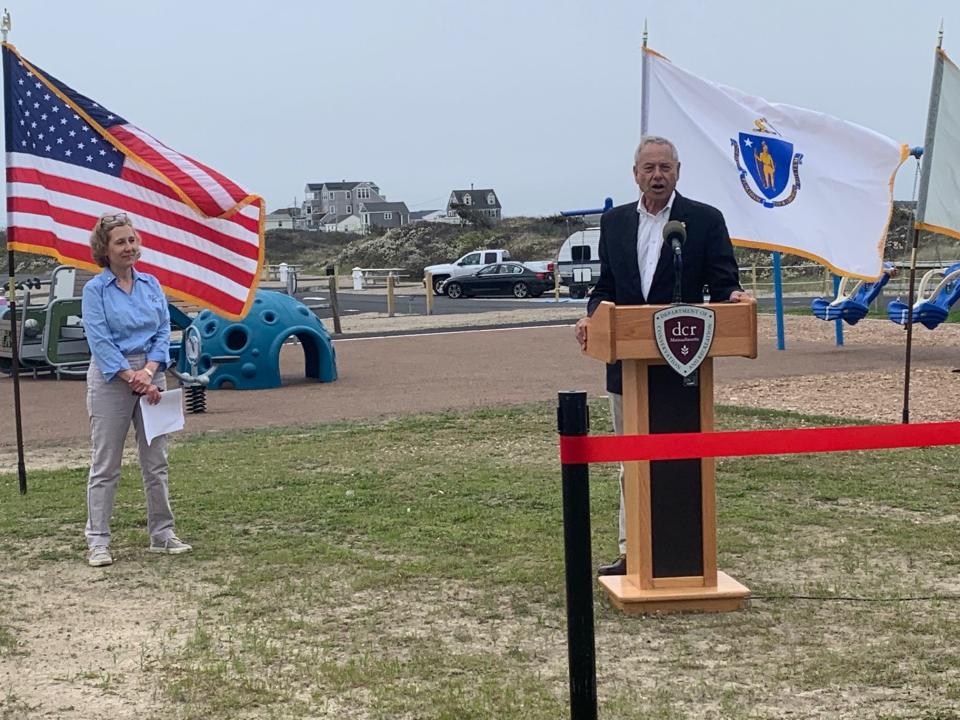 Rep. Paul Schmid talks about the Horseneck Beach Campground improvements alongside Acting DCR Commissioner Stephanie Cooper during a ribbon-cutting ceremony and tour.