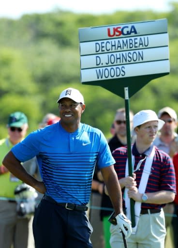 Tiger Woods of the United States stands on the seventh tee during a practice round prior to the 2018 US Open