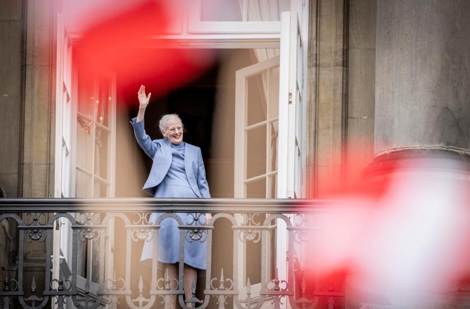 Denmark’s Queen Margrethe II waves from the balcony during celebrations for her 83rd birthday (Ritzau Scanpix)
