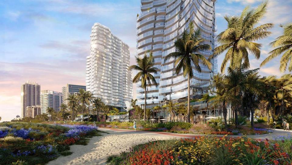 Una representación muestra la visión de los urbanizadores de una torre de condominios y hoteles en el antiguo hotel Deauville de Miami Beach. Los electores decidirán el 8 de noviembre sobre el aumento de la proporción de superficie construida para dar paso al proyecto.