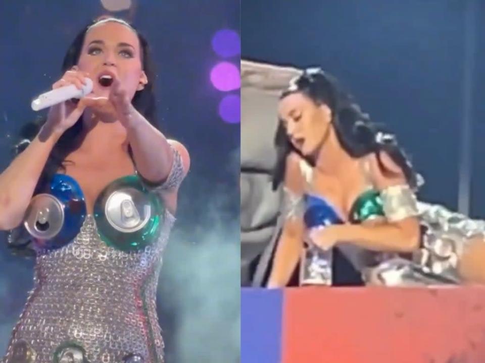 Katy Perry drinks beer out of beer can bra during Las Vegas residency  (TikTok @katyperryflowers / Instagram @mind.perry)