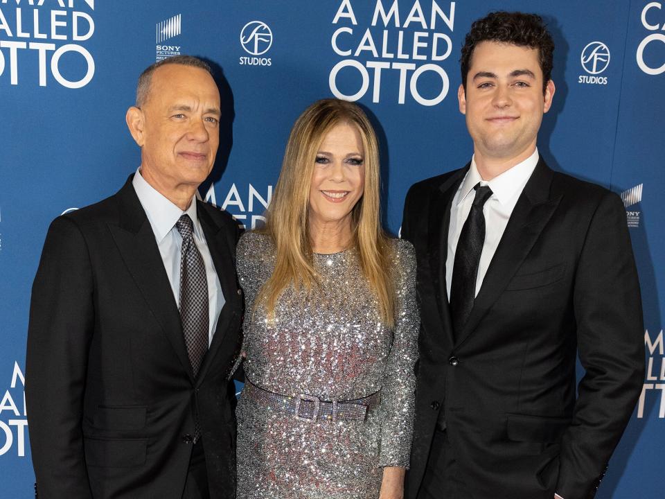 Tom Hanks attends the premiere of "A Man Called Otto" with wife Rita Wilson and son Truman Hanks at Filmstaden Rigoletto on December 13, 2022 in Stockholm, Sweden