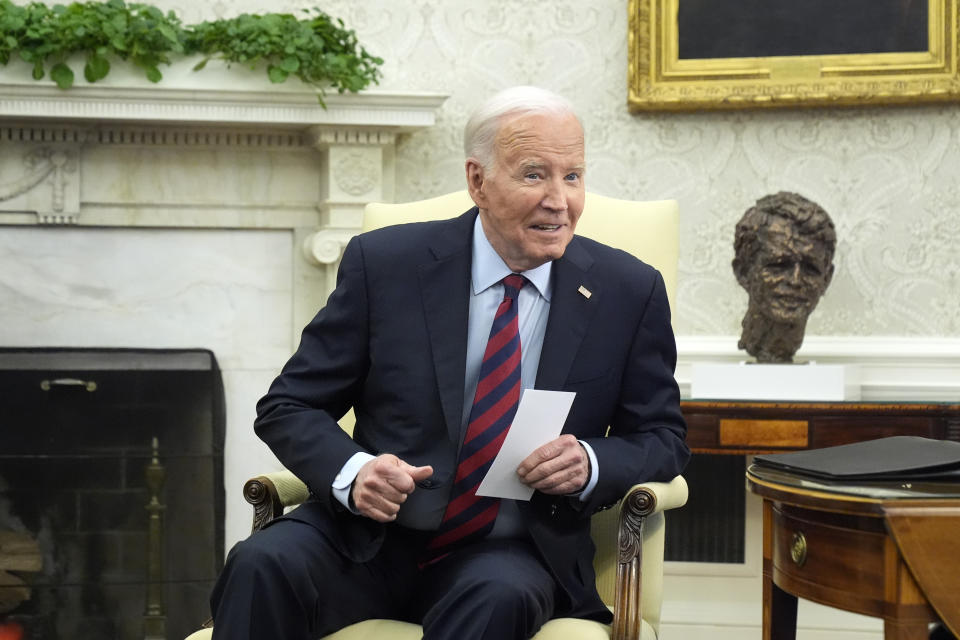 President Joe Biden meets with NATO Secretary General Jens Stoltenberg in the Oval Office at the White House, Monday, June 17, 2024. (AP Photo/Mark Schiefelbein)