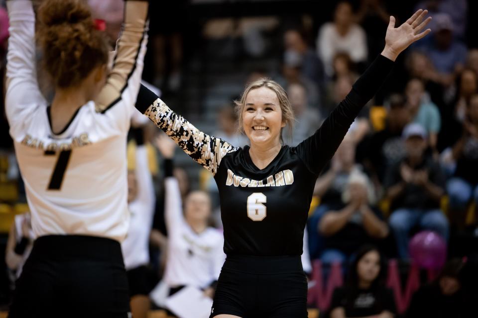 Bushland’s Jaycee Adams (6) celebrates with her teammate during a district game Tuesday October 12th, Highland Park at Bushland. Trevor Fleeman/For Amarillo Globe-News.