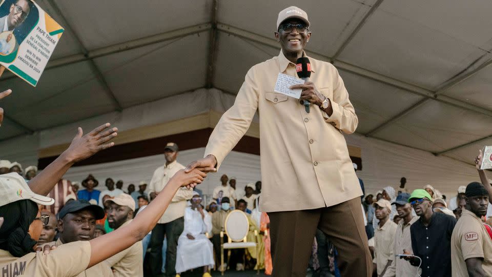 Former Prime minister Amadou Ba, candidate for outgoing president's Alliance For the Republic party (APR), addresses a campaign meeting ahead of Senegal's Presidential elections in Diourbel on March 19, 2024. - Carmen Abd Ali/AFP/Getty Images