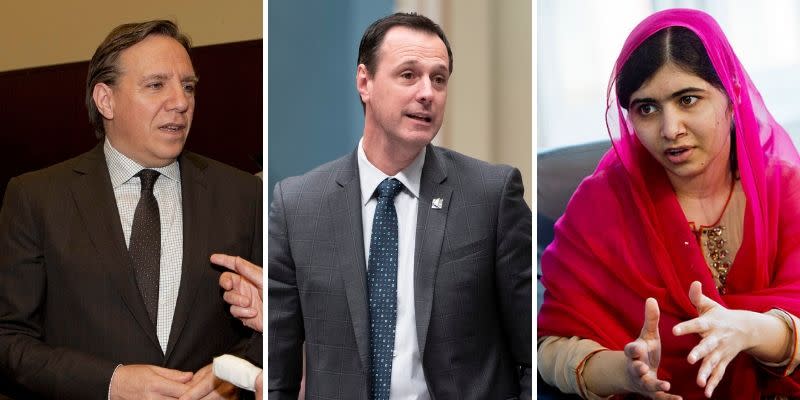 A collage featuring, from left, Quebec's Premier François Legault, the province's education minister Jean-François Roberge and Nobel Prize laureate and female education activist Malala Yousafzai. (The Canadian Press/Getty Images)