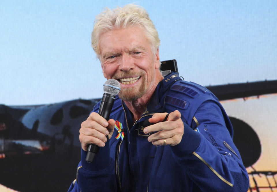 FILE - Virgin Galactic founder Richard Branson answers students' questions during a news conference at Spaceport America near Truth or Consequences, N.M., on July 11, 2021. Virgin Galactic completed what's expected to be its final test flight Thursday, May 25, 2023, before taking paying customers on brief trips to space. The company is planning its first commercial flight, a science mission with the Italian Air Force, in late June. (AP Photo/Susan Montoya Bryan, File)