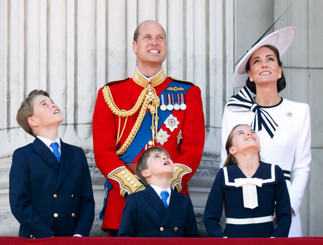 <p>Getty Images</p> Prince George, the Prince of Wales, Prince Louis, the Princess of Wales and Princess Charlotte at Trooping the Colour on June 15, 2024