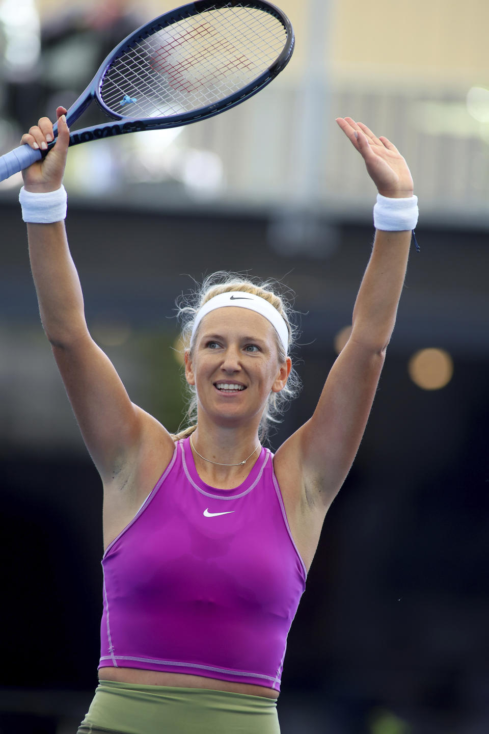 Belarus' Victoria Azarenka acknowledges the fans after her win against China's Qinwen Zheng during their Round of 16 match at the Adelaide International Tennis tournament in Adelaide, Australia, Thursday, Jan. 5, 2023. (AP Photo/Kelly Barnes)