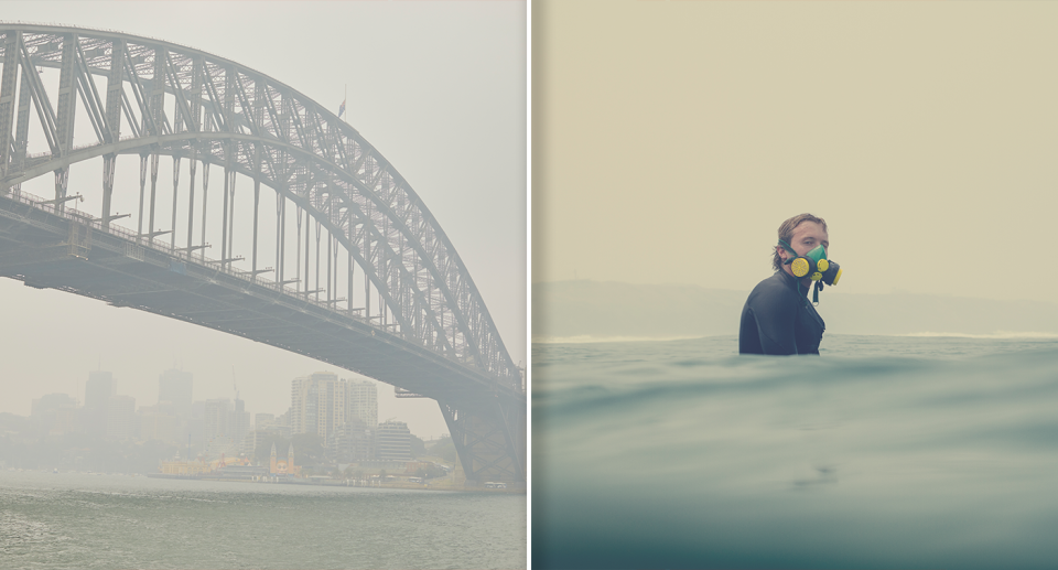 Left - A smoke choked Sydney harbour bridge. Right - a surfer in Melbourne water wearing a gas mask due to the smoke.