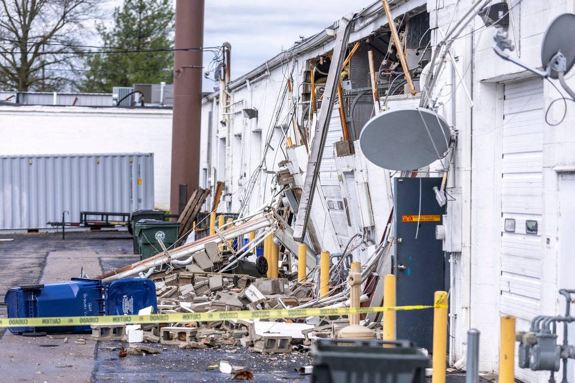 A building near the corner of Versailles Road and Bennett Avenue sustained damage during storms in Lexington, Ky., on Tuesday, April 2, 2024.