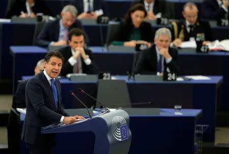 Italy's Prime Minister Giuseppe Conte addresses the European Parliament during a debate on the future of Europe in Strasbourg, France, February 12, 2019. REUTERS/Vincent Kessler