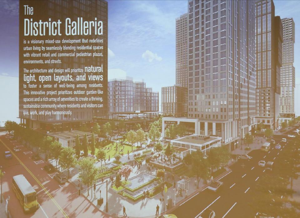 Some of the slides presented by Bruce Berg, the CEO of The Cappelli Development Company, during a presentation on the District Galleria redevelopment plan, at the HGAR (Hudson Gateway Association of Realtors) offices in White Plains, Nov. 30, 2023.