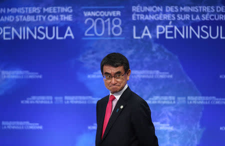 Japan's Minister of Foreign Affairs Taro Kono arrives at the Foreign Ministers’ Meeting on Security and Stability on the Korean Peninsula in Vancouver, British Columbia, Canada, January 16, 2018. REUTERS/Ben Nelms