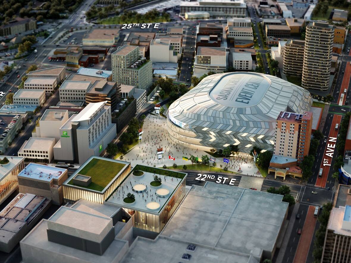 Every level of government would likely need to contribute for new arenas to be built in Regina and Saskatoon.  (City of Saskatoon - image credit)