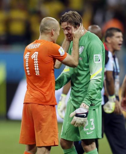 Tim Krul (right) was the hero for the Netherlands in the quarterfinals. (AP)