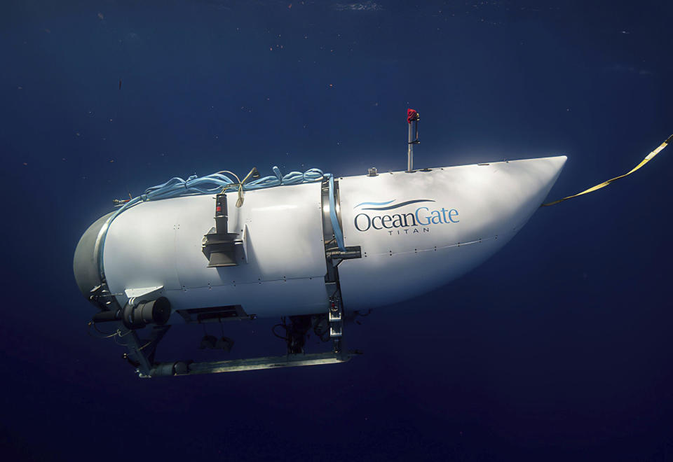 This undated photo provided by OceanGate Expeditions shows a submersible vessel named Titan was used to visit the wreckage site of the Titanic.  / Credit: OceanGate Expeditions via AP