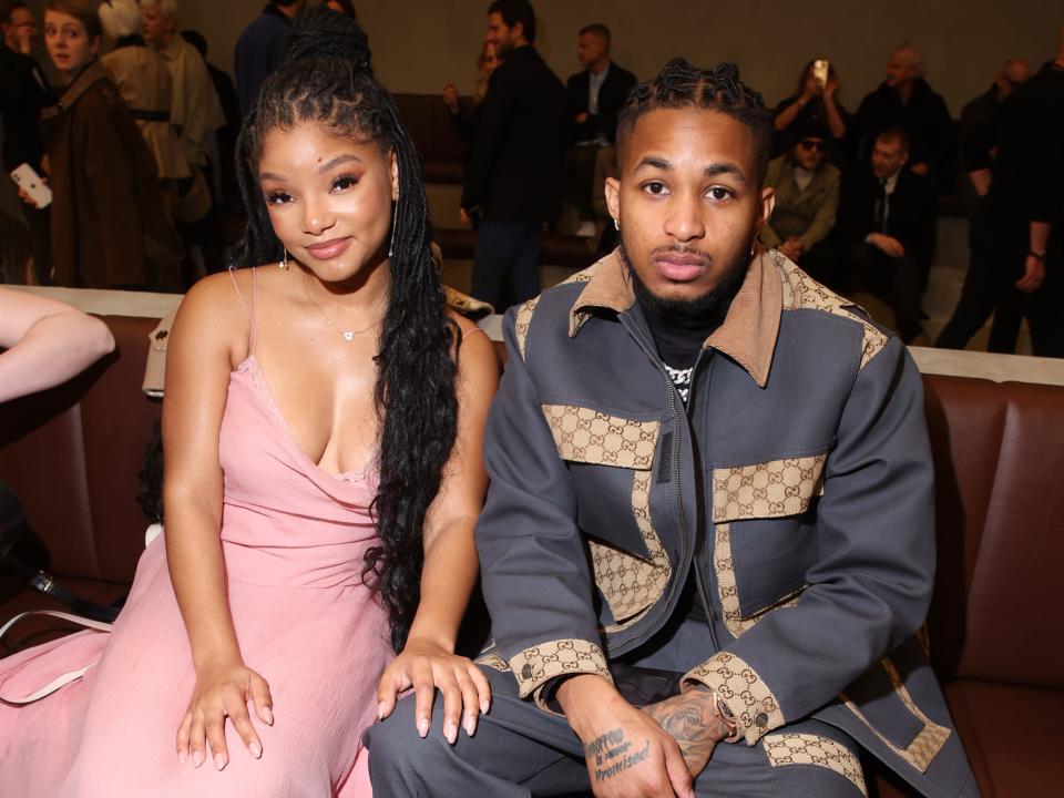 Halle Bailey and DDG are seen at the Gucci show during Milan Fashion Week Fall/Winter 2023/24 on February 24, 2023.
