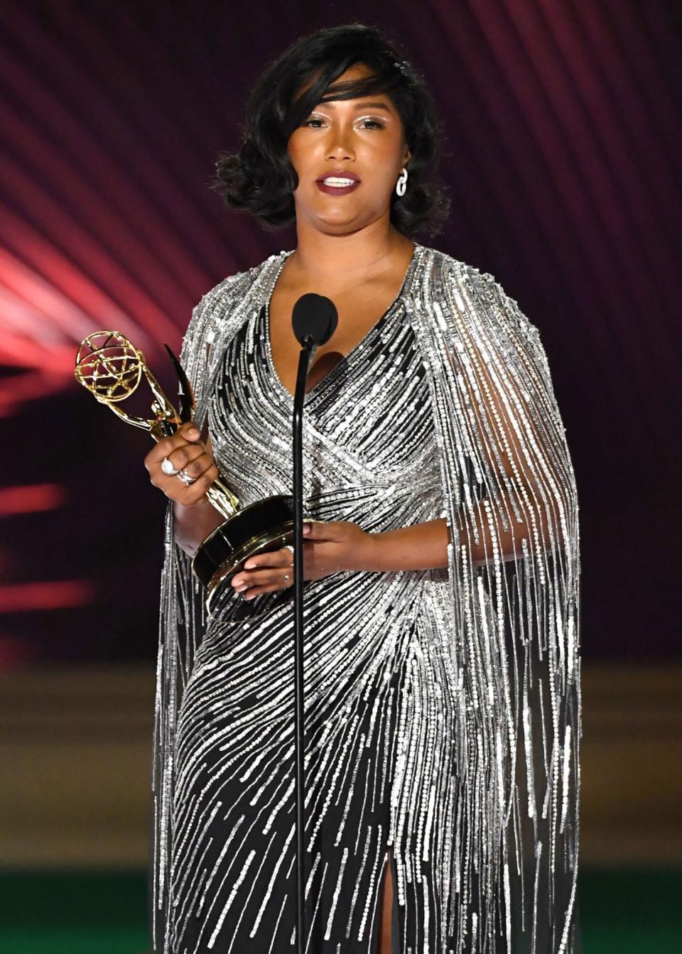 Mandatory Credit: Photo by Phil McCarten/Invision/AP/Shutterstock (13363422u) Taylor Simone Ledward Boseman accepts the Emmy for outstanding character voice-over performance for the "What If... T'Challa Became a Star-Lord" episode of "What If...?" on behalf of Chadwick Boseman during night one of the Television Academy's 2022 Creative Arts Emmy Awards at the Microsoft Theater, in Los Angeles 2022 Creative Arts Emmy Awards - Night 1 - Show, Los Angeles, United States - 03 Sep 2022