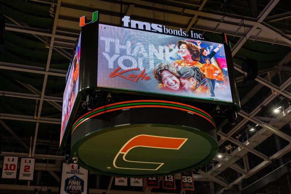 The Jumbotron while University of Miami Women’s Head Coach Katie Meier delivers her retirement speech during a press conference at Watsco Center in Coral Gables on Friday, March 22, 2024.