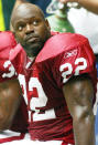 FILE - Arizona Cardinals running back Emmitt Smith sits on the bench during the second quarter of an NFL football game against the Dallas Cowboys in Irving, Texas, in this Sunday, Oct. 5, 2003, file photo. Smith suffered a sprained left shoulder and was taken out of the game. This didn't turn out well at all for the career rushing leader who played his first 13 seasons in Dallas and won three Super Bowls. He went to Arizona in 2003 and broke his shoulder blade at the Cowboys in Game 5. (AP Photo/Donna McWilliam, File)